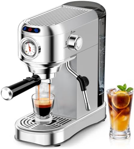 Espresso Machine 20 Bar, Compact Espresso Coffee Machine with Milk Frother, Stainless Steel Coffee Maker with 34oz Removable Water Tank, Cappuccino Machine for Home, Office, Latte (Silver)